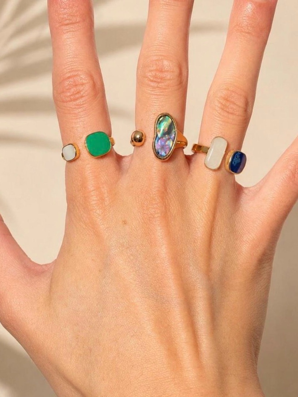 Gold Tone Multi-Stone Stackable Rings in Green, Abalone, White and Blue